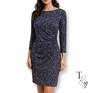Ann Taylor Ruched 3/4 Sleeve Career Midi Dress Navy Speckle Print Size Small